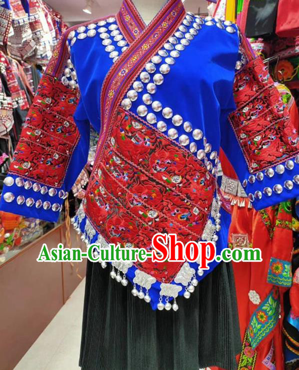 Chinese Hmong Minority Dance Blue Dress Outfits Miao Nationality Folk Dance Clothing Guizhou Ethnic Woman Performance Garments