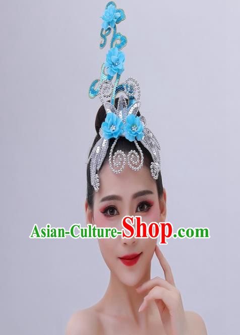 Chinese Handmade Fan Dance Performance Hair Crown Folk Dance Blue Plum Headpiece Yangko Dance Hair Accessories