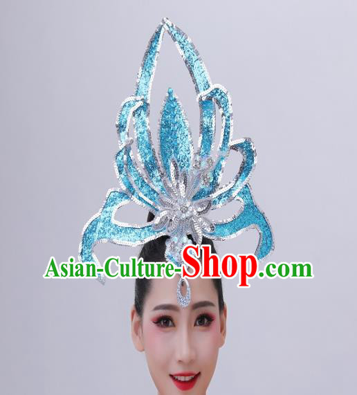Chinese Spring Festival Gala Performance Headpiece Modern Dance Blue Sequins Hair Crown Opening Dance Hair Accessories