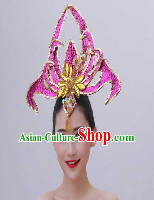 Chinese Opening Dance Hair Accessories Spring Festival Gala Performance Headpiece Modern Dance Rosy Sequins Hair Crown