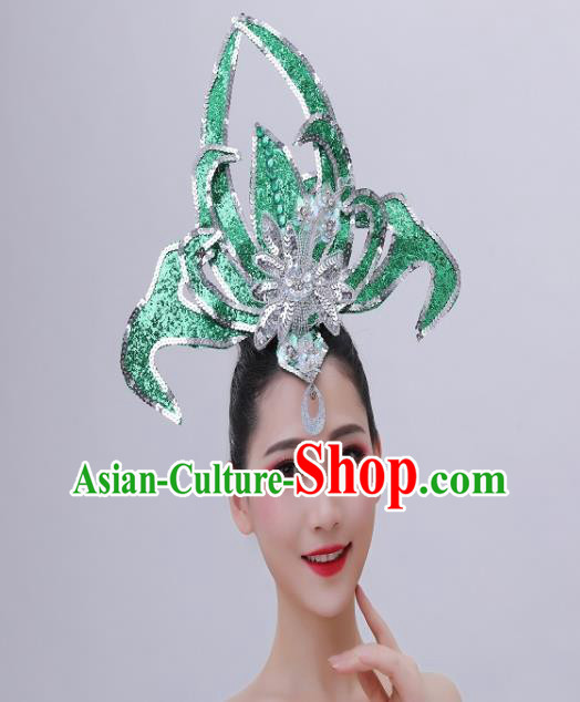 Chinese Opening Dance Headpiece Spring Festival Gala Performance Hair Crown Modern Dance Green Sequins Hair Accessories