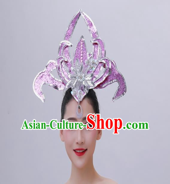 Chinese Peony Dance Hair Crown Opening Dance Lilac Sequins Hair Accessories Modern Dance Headdress