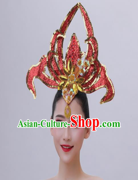 Chinese Modern Dance Headdress Peony Dance Hair Crown Opening Dance Red Sequins Hair Accessories