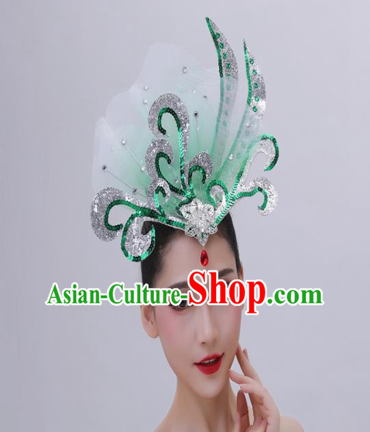 Chinese Classical Dance Hair Accessories Opening Dance Hair Crown Woman Group Dance Green Sequins Headpiece
