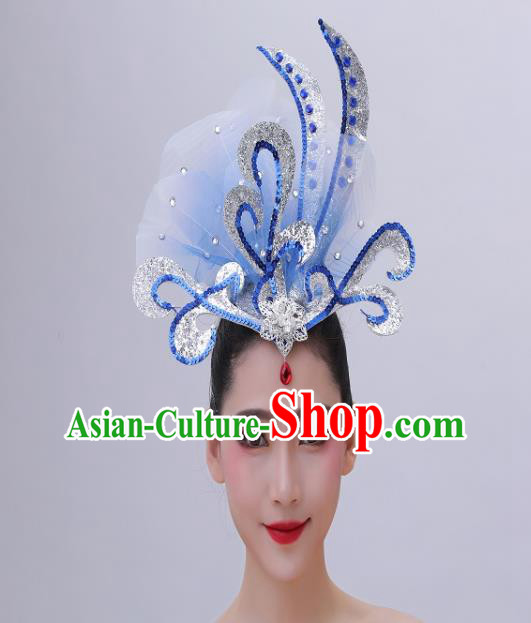Chinese Woman Group Dance Blue Sequins Headpiece Classical Dance Hair Accessories Opening Dance Hair Crown