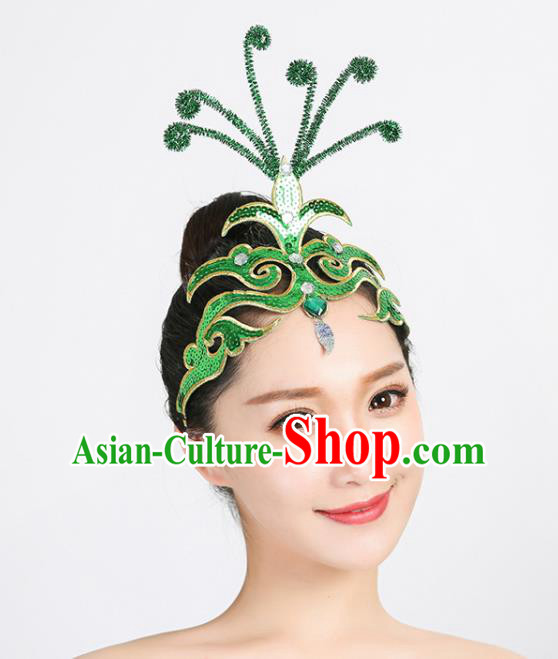Chinese Yangko Dance Green Sequins Hair Stick Folk Dance Hair Accessories Woman Group Performance Headdress