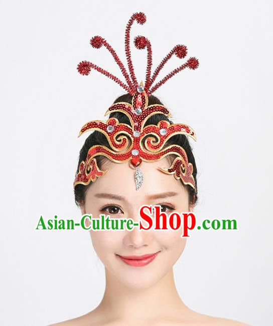 Chinese Folk Dance Red Sequins Hair Accessories Woman Group Performance Headdress Yangko Dance Hair Stick