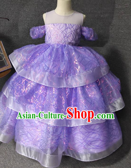 Top Christmas Princess Evening Wear Children Performance Clothing Girl Stage Show Formal Garment Catwalks Purple Long Dress