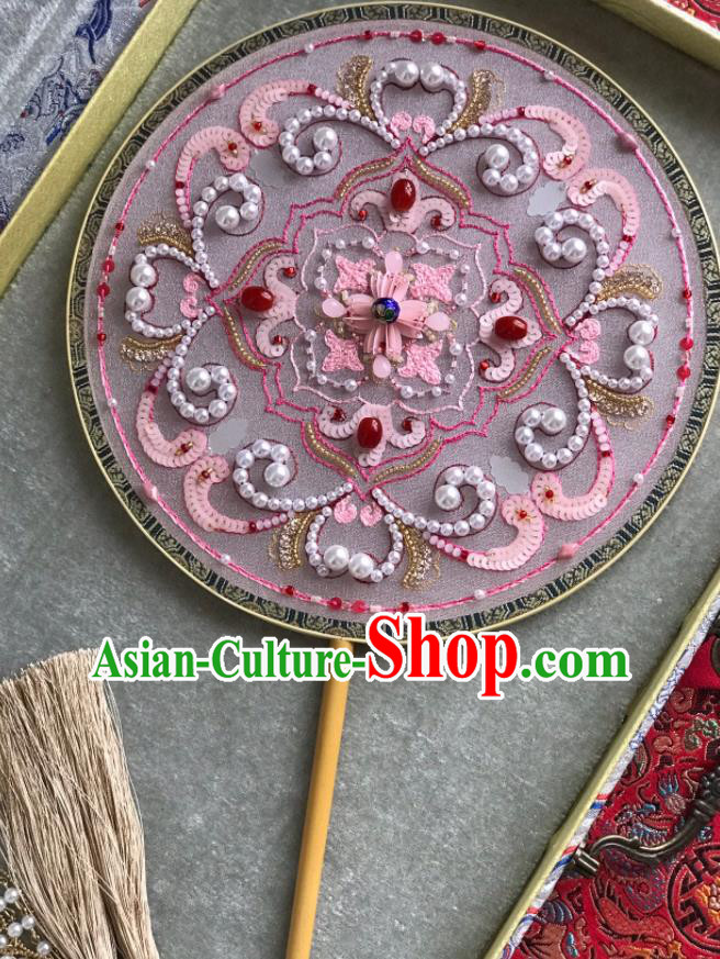 China Wedding Circular Fan Traditional Bride Pink Palace Fan Handmade Hanfu Fans