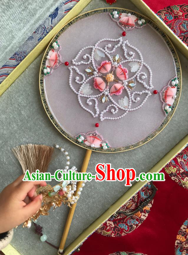 China Handmade Pearls Hanfu Fans Wedding Circular Fan Traditional Bride Pink Palace Fan