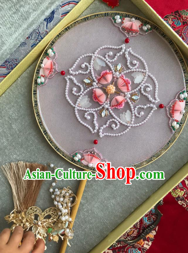 China Handmade Pearls Hanfu Fans Wedding Circular Fan Traditional Bride Pink Palace Fan