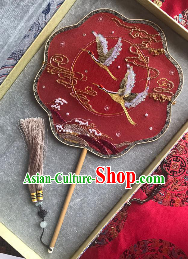 China Traditional Bride Red Silk Palace Fan Handmade Hanfu Fans Wedding Embroidered Crane Fan