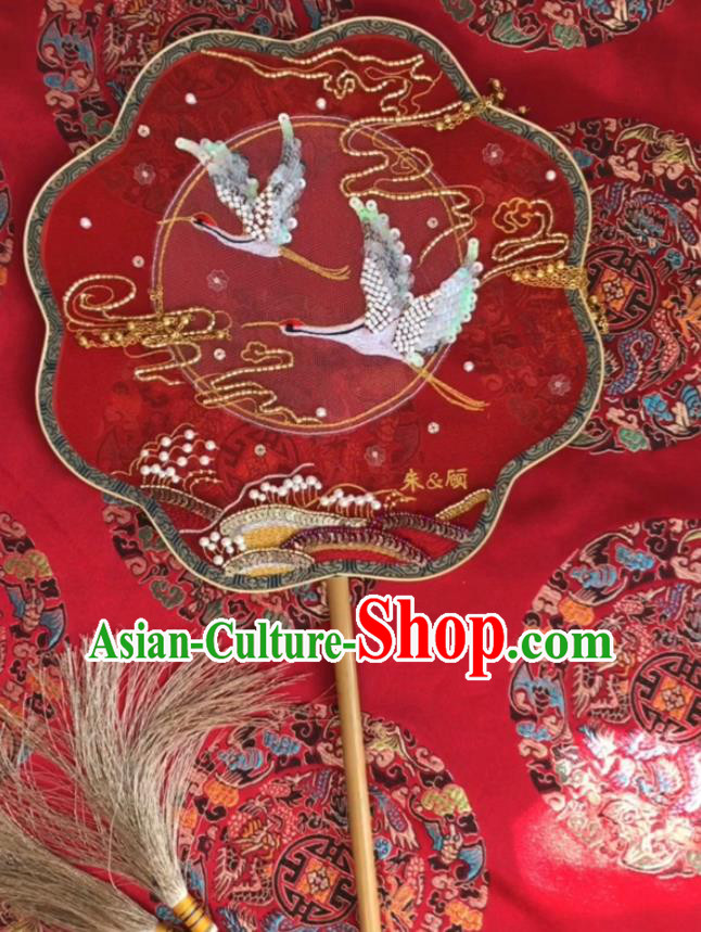 China Traditional Bride Red Silk Palace Fan Handmade Hanfu Fans Wedding Embroidered Crane Fan