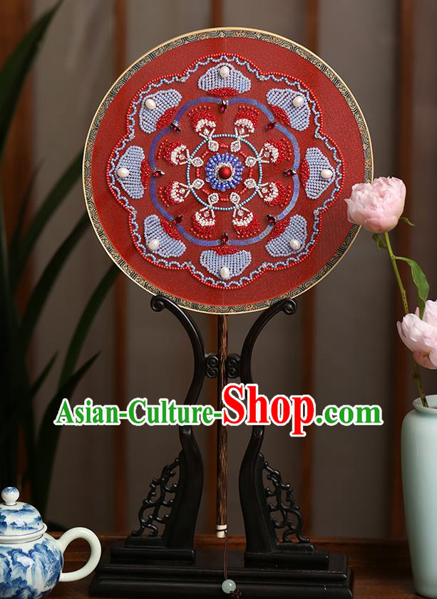 China Handmade Red Silk Palace Fan Traditional Hanfu Dance Circular Fans Wedding Bride Embroidered Beads Fan