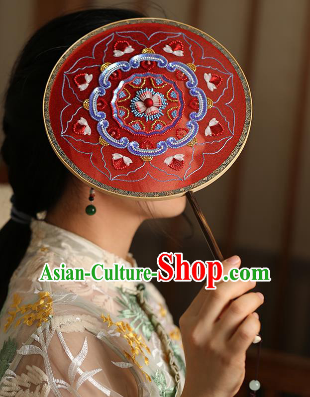 China Wedding Bride Embroidered Sequins Fan Handmade Red Silk Palace Fan Traditional Hanfu Dance Circular Fans