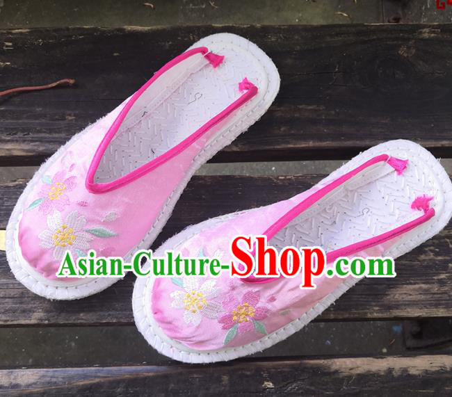Chinese Woman Strong Cloth Slippers National Pink Satin Shoes Handmade Embroidery Shoes