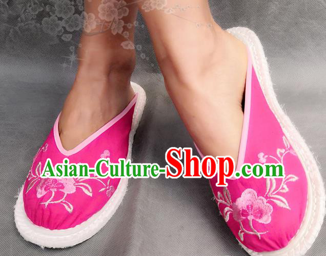 Chinese Woman Strong Cloth Slippers National Rosy Flax Shoes Handmade Embroidery Flowers Shoes