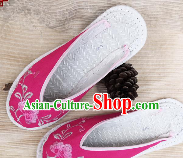 Chinese Woman Strong Cloth Slippers National Rosy Flax Shoes Handmade Embroidery Flowers Shoes
