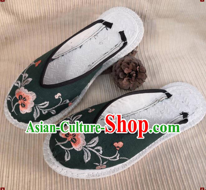 Chinese Handmade Embroidery Flowers Shoes Woman Strong Cloth Slippers National Atrovirens Flax Shoes