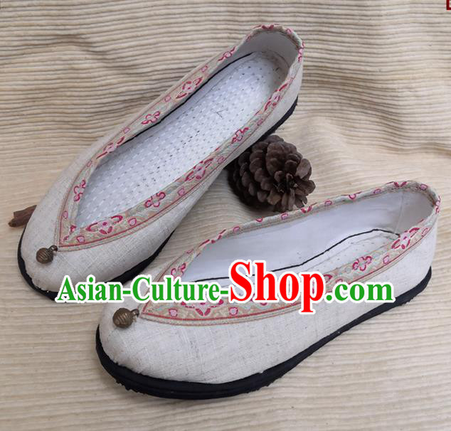 Handmade China National Woman Shoes Yunnan Beige Flax Shoes Ethnic Folk Dance Shoes