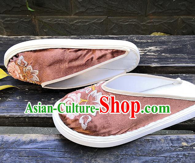 Chinese Handmade Embroidery Shoes Woman Strong Cloth Slippers National Brown Satin Shoes