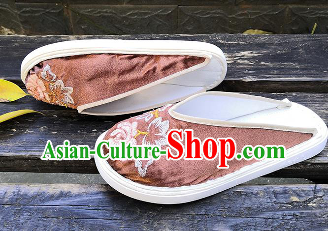Chinese Handmade Embroidery Shoes Woman Strong Cloth Slippers National Brown Satin Shoes