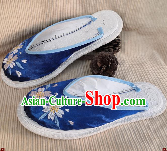 Chinese National Royalblue Satin Shoes Handmade Embroidery Shoes Woman Strong Cloth Slippers