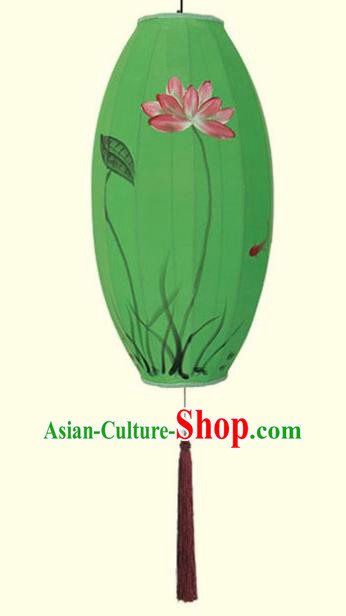 China Traditional Festival Hanging Lanterns Hand Painting Lotus Lantern Classical Green Cloth Lamp