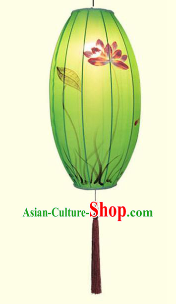 China Traditional Festival Hanging Lanterns Hand Painting Lotus Lantern Classical Green Cloth Lamp