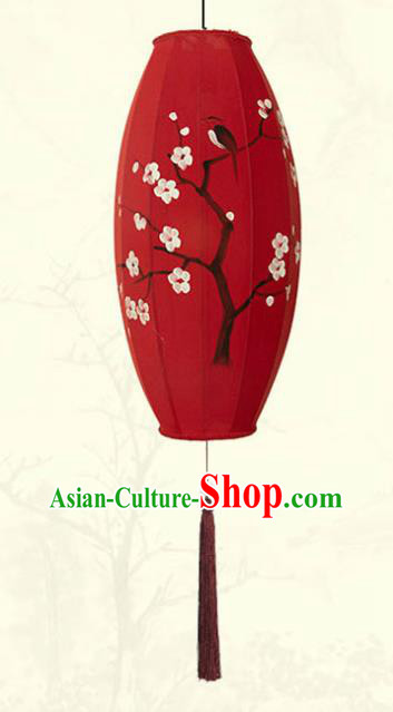 China Classical Red Cloth Lamp Traditional Festival Hanging Lanterns Hand Painting Plum Blossom Lantern