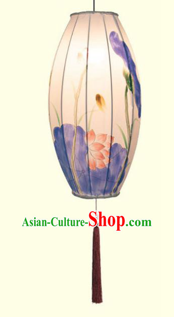 China Hand Painting Lotus Lantern Classical White Cloth Lamp Traditional Festival Hanging Lanterns