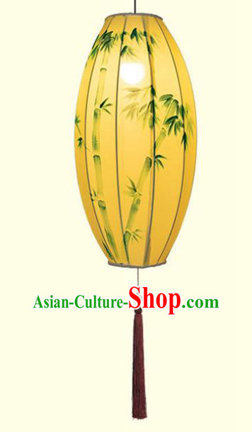 China Traditional Festival Hanging Lanterns Hand Painting Bamboo Lantern Classical Yellow Cloth Lamp