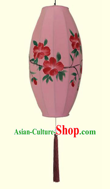 China Classical Pink Cloth Lamp Traditional Festival Hanging Lanterns Hand Painting Peach Blossom Lantern