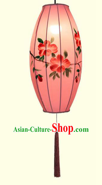 China Classical Pink Cloth Lamp Traditional Festival Hanging Lanterns Hand Painting Peach Blossom Lantern