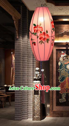 China Classical Pink Cloth Lamp Traditional Festival Hanging Lanterns Hand Painting Peach Blossom Lantern
