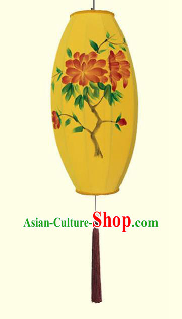 China Handmade Painting Peony Lantern Classical Yellow Cloth Lamp Traditional Festival Hanging Lanterns