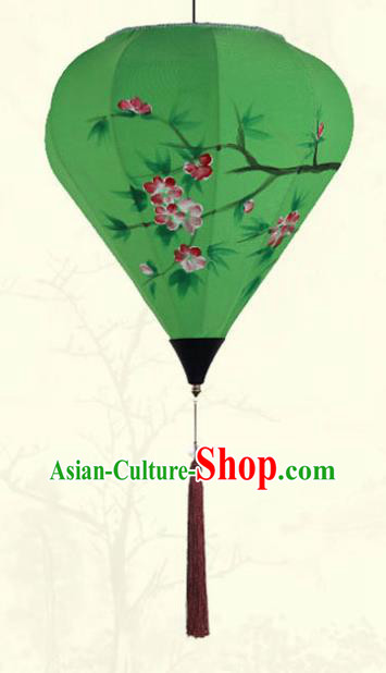 China Traditional New Year Diamond Lanterns Handmade Painting Begonia Lantern Classical Green Cloth Hanging Lamp