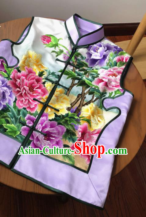 Chinese Hand Suzhou Embroidered Peony Vest National Purple Silk Waistcoat Traditional Tang Suit Upper Outer Garment