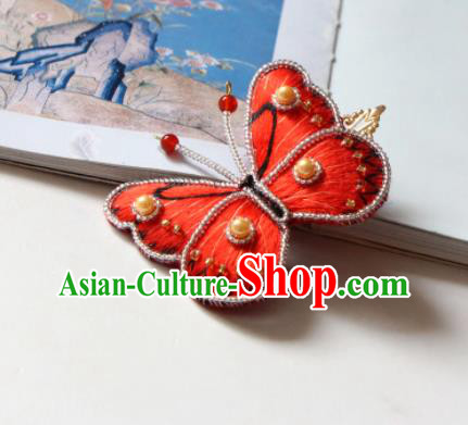 Handmade China Classical Qipao Pearls Hair Accessories Embroidered Red Butterfly Hair Stick
