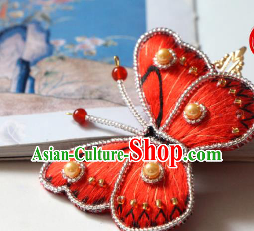 Handmade China Classical Qipao Pearls Hair Accessories Embroidered Red Butterfly Hair Stick