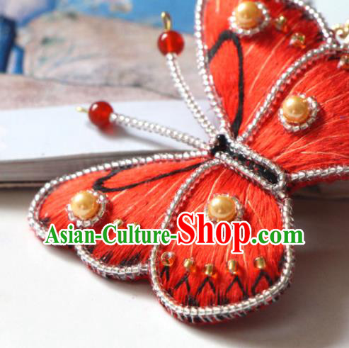 Handmade China Classical Qipao Pearls Hair Accessories Embroidered Red Butterfly Hair Stick