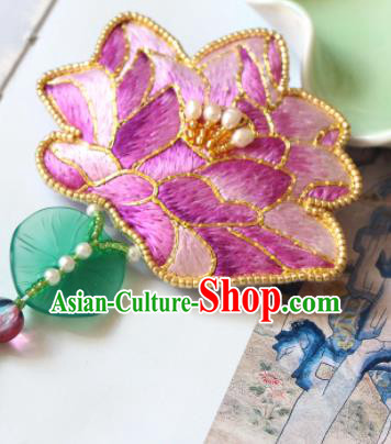 Handmade China Embroidered Lotus Pink Brooch Classical Jade Leaf Tassel Breastpin Accessories
