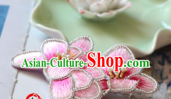 Handmade China Embroidered Pink Mangnolia Hair Claw Classical Qipao Pearls Hair Stick Accessories