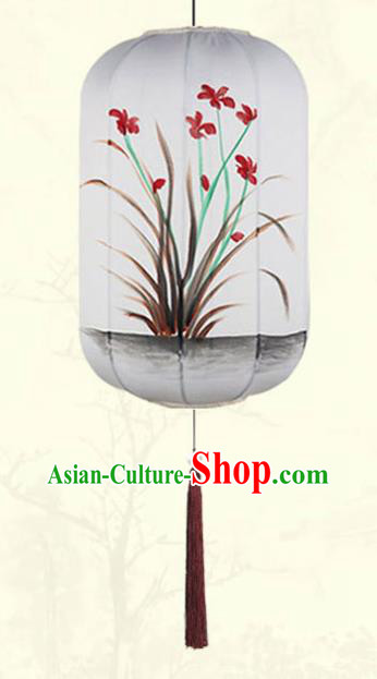 China Handmade Painting Orchids Lantern Classical White Cloth Hanging Lamp Traditional New Year Wax Gourd Lanterns