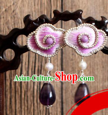 China National Cheongsam Ear Jewelry Handmade Amethyst Tassel Ear Accessories Suzhou Embroidered Lilac Cloud Earrings