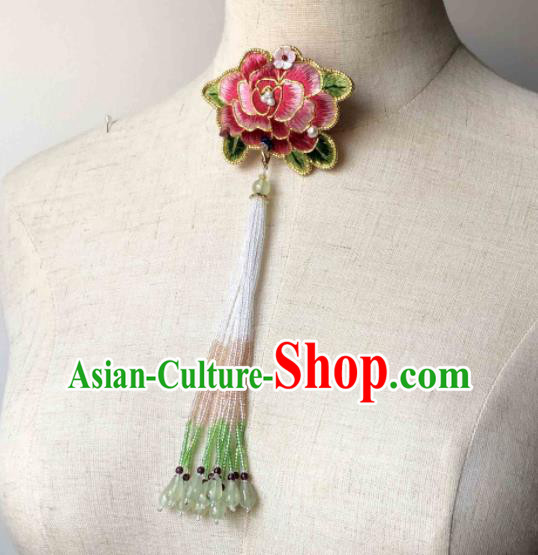 Handmade China Classical Qipao Beads Tassel Brooch Accessories Embroidered Pink Peony Breastpin