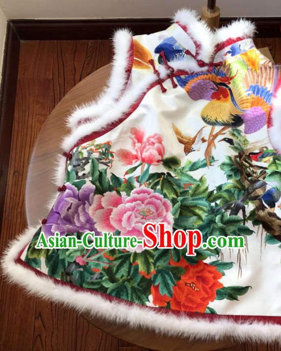 Chinese Suzhou Embroidered Peony Waistcoat Traditional Tang Suit Cotton Padded Garment National Woman White Silk Vest
