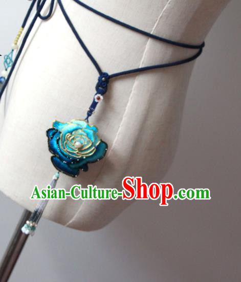 Handmade China Suzhou Embroidered Blue Rosy Belt Pendant Classical Hanfu Waist Accessories