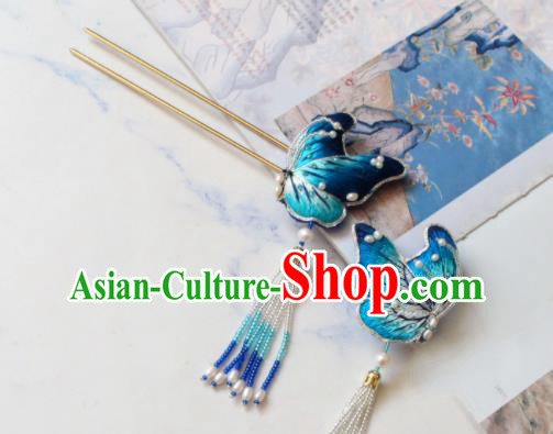 Handmade China Classical Hanfu Hair Accessories Suzhou Embroidered Blue Butterfly Hairpin