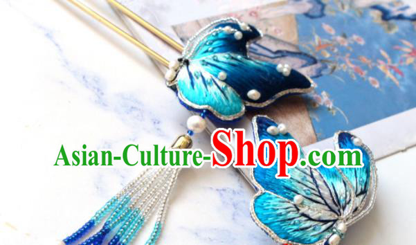 Handmade China Classical Hanfu Hair Accessories Suzhou Embroidered Blue Butterfly Hairpin